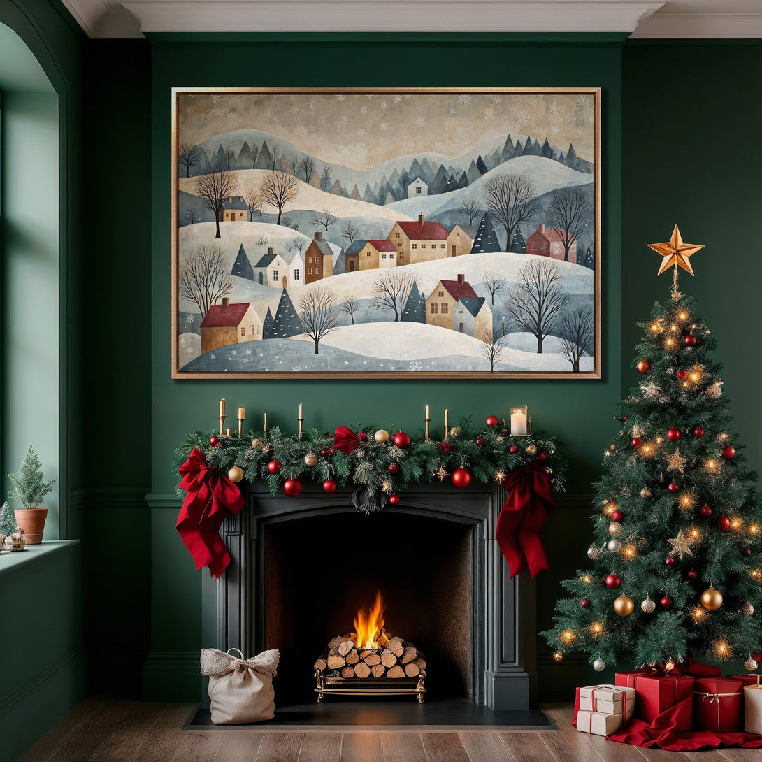 Framed Wall Art: Winter village scene in a cozy interior. Neutral & blue tones create a calming aesthetic, perfect for holiday decor. Shop now!