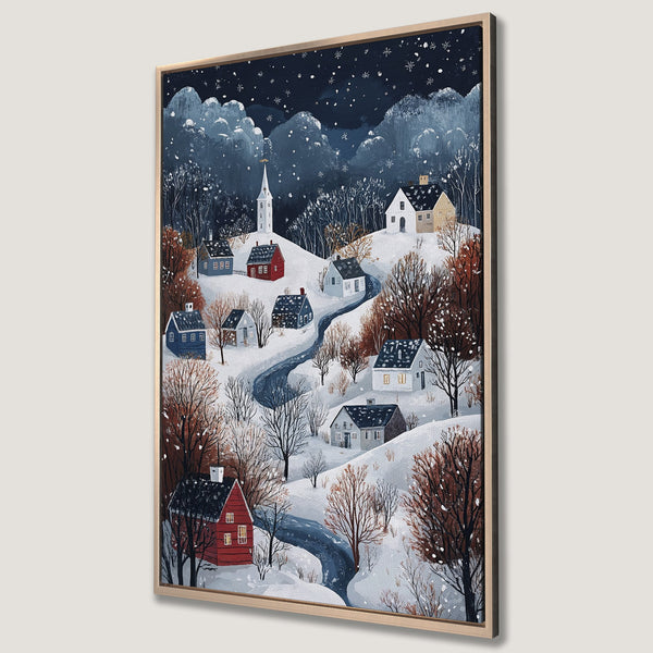 Framed Wall Art of a winter village scene with a snowy landscape, houses, and trees. Features a blue, white, and brown color palette. Perfect for cozy decor.