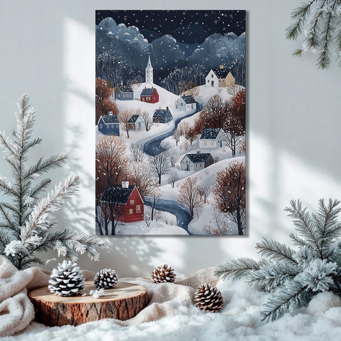 Framed Wall Art: Winter village scene in blues, whites, and reds. Cozy, painterly style perfect for holiday decor. Shop now!