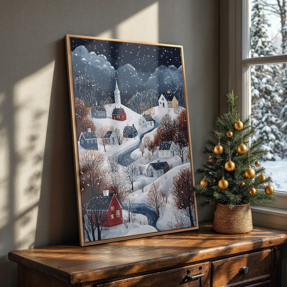 Framed Wall Art: Winter landscape painting with a charming village scene. Features a cool blue and brown color palette, perfect for adding cozy vibes to any room.