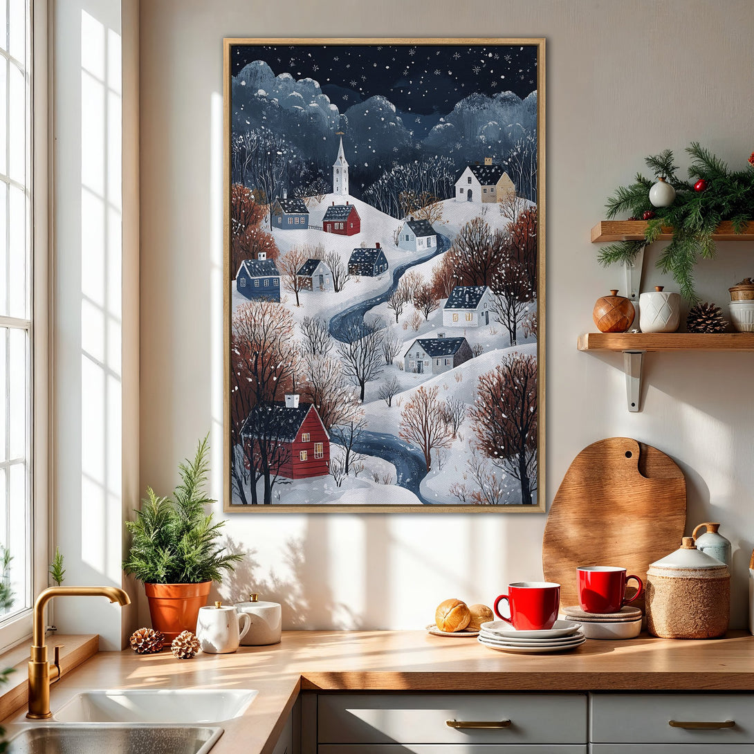 Framed Wall Art: Winter village scene in blue, white, and brown tones. Cozy landscape Canvas Print for home decor. Shop now!