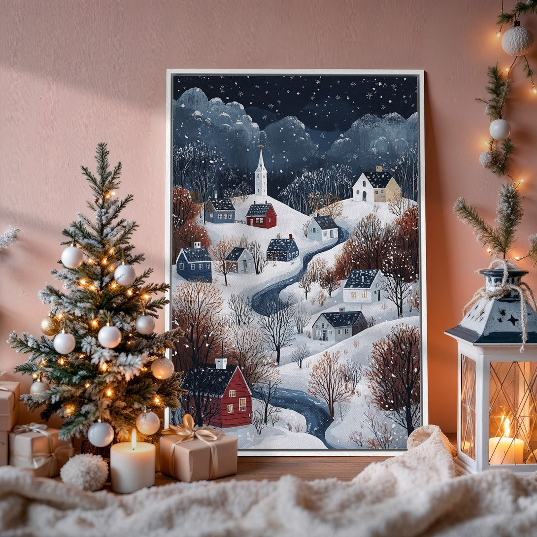 Framed Wall Art: Cozy winter village scene in blue, white, and red. Perfect for holiday decor! Add warmth with this beautiful canvas print.