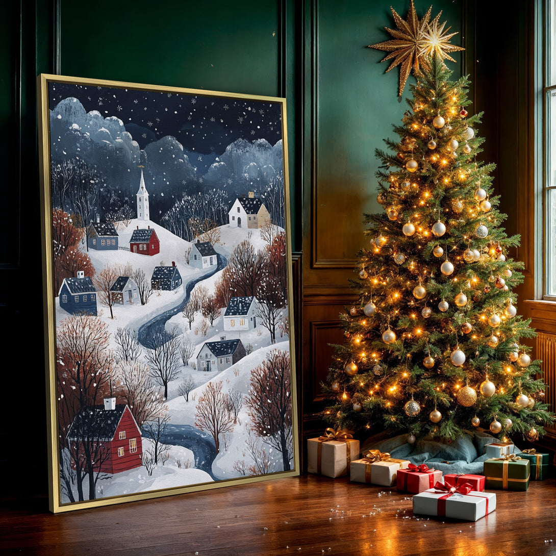 Canvas Print of a winter village scene in a whimsical style, featuring a snowy landscape with blue, red, and brown hues.