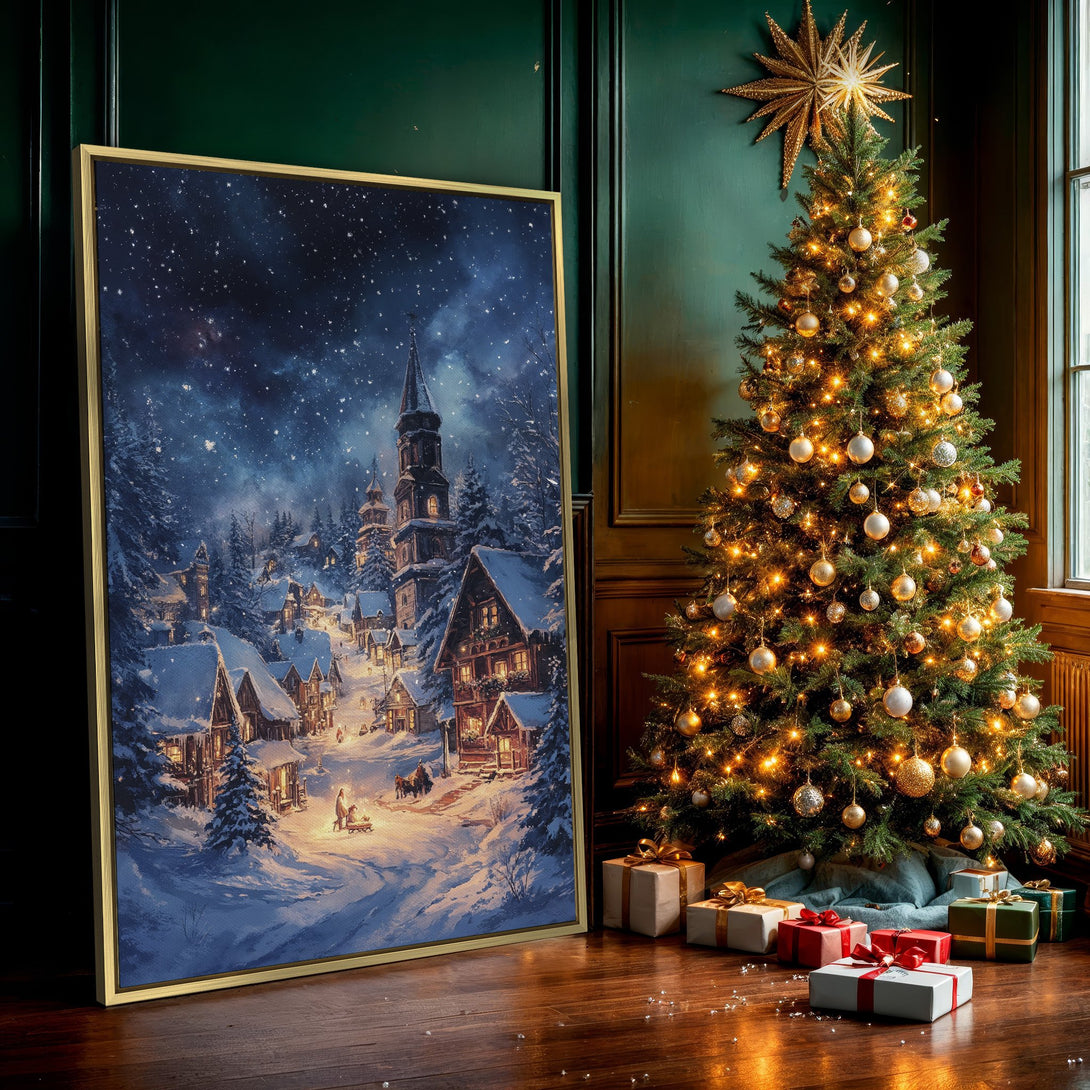 Canvas Print of a snowy village scene, painted in a cozy, illustrative style with a cool blue and warm gold color palette. Perfect winter decor!