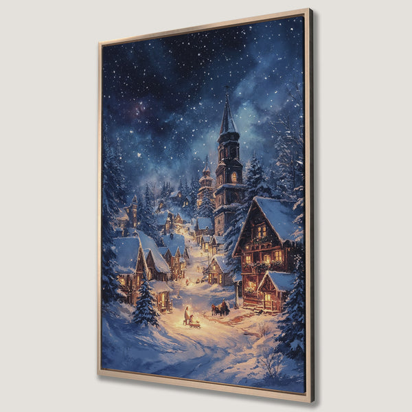 Framed Wall Art: Winter village scene Canvas Print. Cozy, illuminated homes in a snowy landscape, with a blue and gold color palette. Perfect holiday decor!