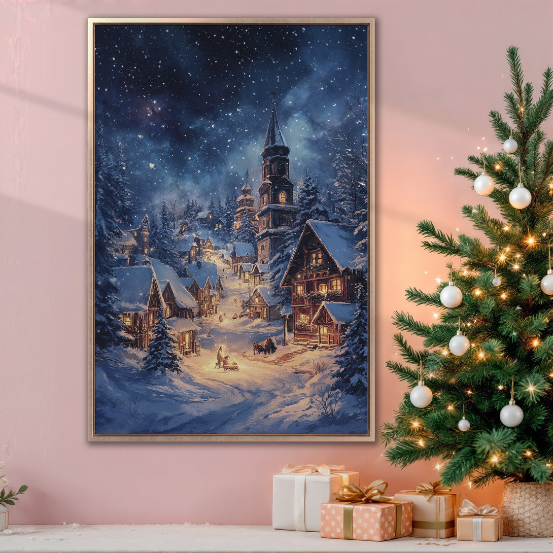 Framed Wall Art Canvas Print of a winter village scene in a painterly style with a blue and white color palette, perfect for Christmas decor.