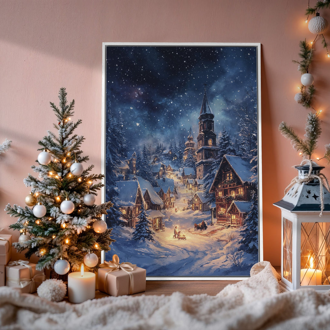 Framed Wall Art of a snowy village scene in a cozy interior. Beautiful blue and white winter landscape. Perfect holiday decor.