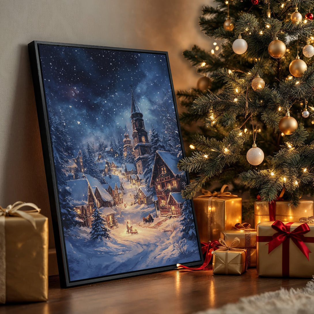 Framed Wall Art: Winter village scene in blue and gold tones, perfect for holiday decor. Cozy, artistic canvas print to elevate your space.