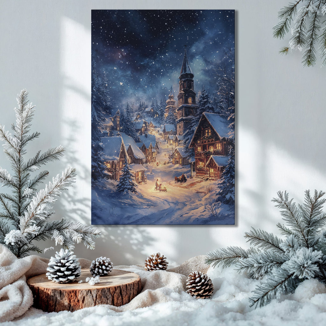 Framed Wall Art: Winter village scene in blue and white, displayed in a cozy interior with a Christmas tree. Perfect holiday decor!