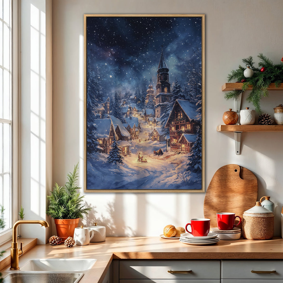 Framed Wall Art: Winter village scene with snowy houses, a starry night sky, and warm, inviting light. Blue and gold color palette. Perfect for cozy decor.