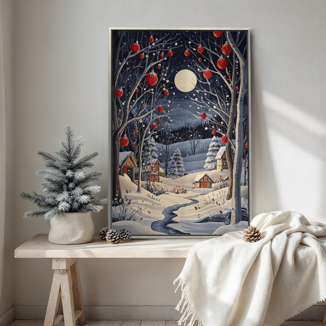 Framed Wall Art: Winter landscape Canvas Print with a whimsical style. Featuring a snowy village scene with a cool blue & red color palette. Perfect for holiday decor.