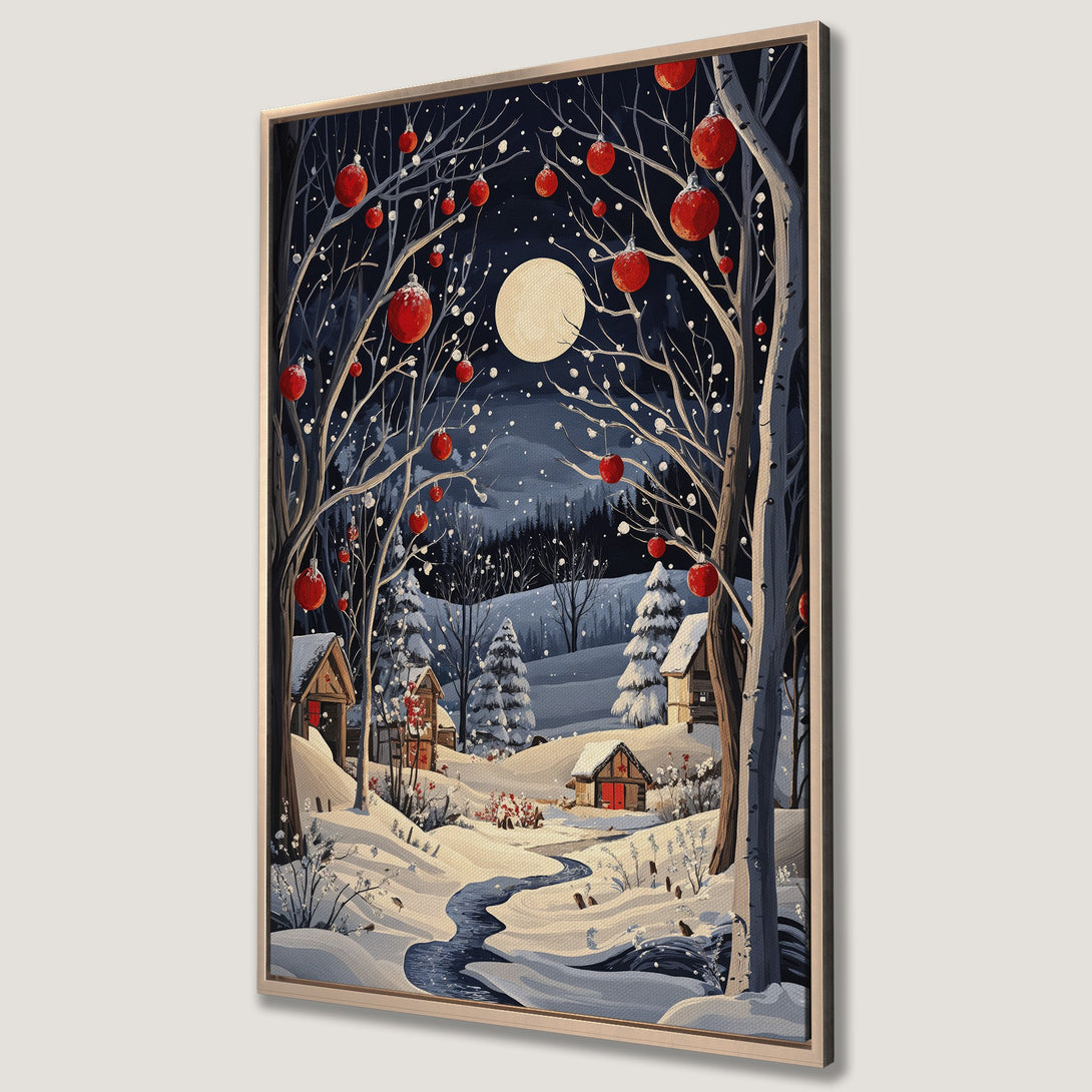 Framed Wall Art: Winter landscape Canvas Print featuring a snowy scene with red ornaments, cabins, and a full moon. Cool blue and warm red color palette.