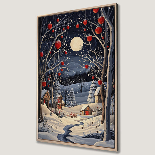 Framed Wall Art: Winter landscape Canvas Print featuring a snowy scene with red ornaments, cabins, and a full moon. Cool blue and warm red color palette.