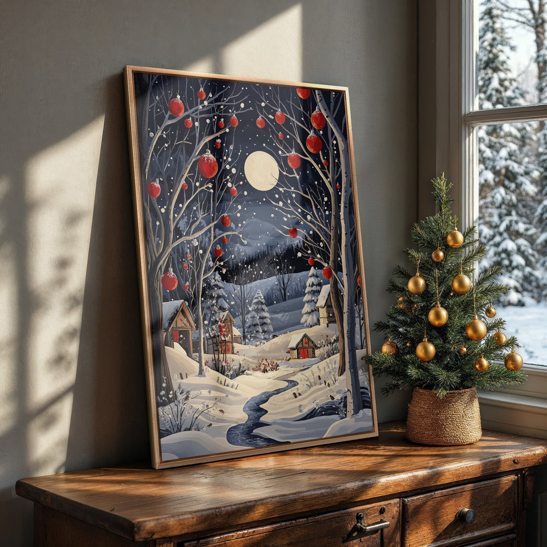 Framed Wall Art: Winter landscape Canvas Print with a snowy scene, featuring red accents against a dark blue and white palette. Perfect for holiday decor.
