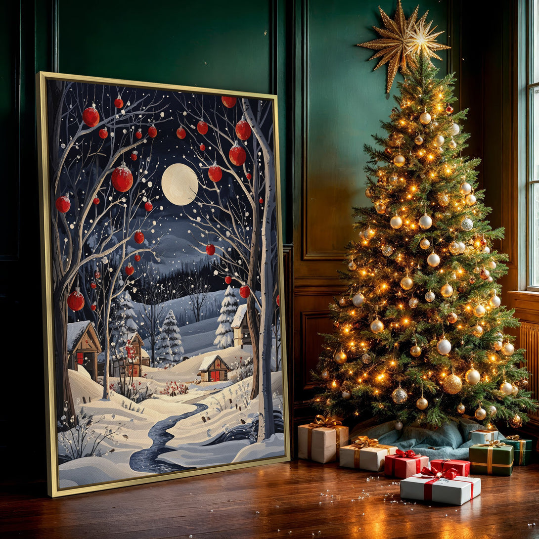 Canvas Print of a winter landscape with red ornaments, in a whimsical style, featuring a cool blue and red color palette.