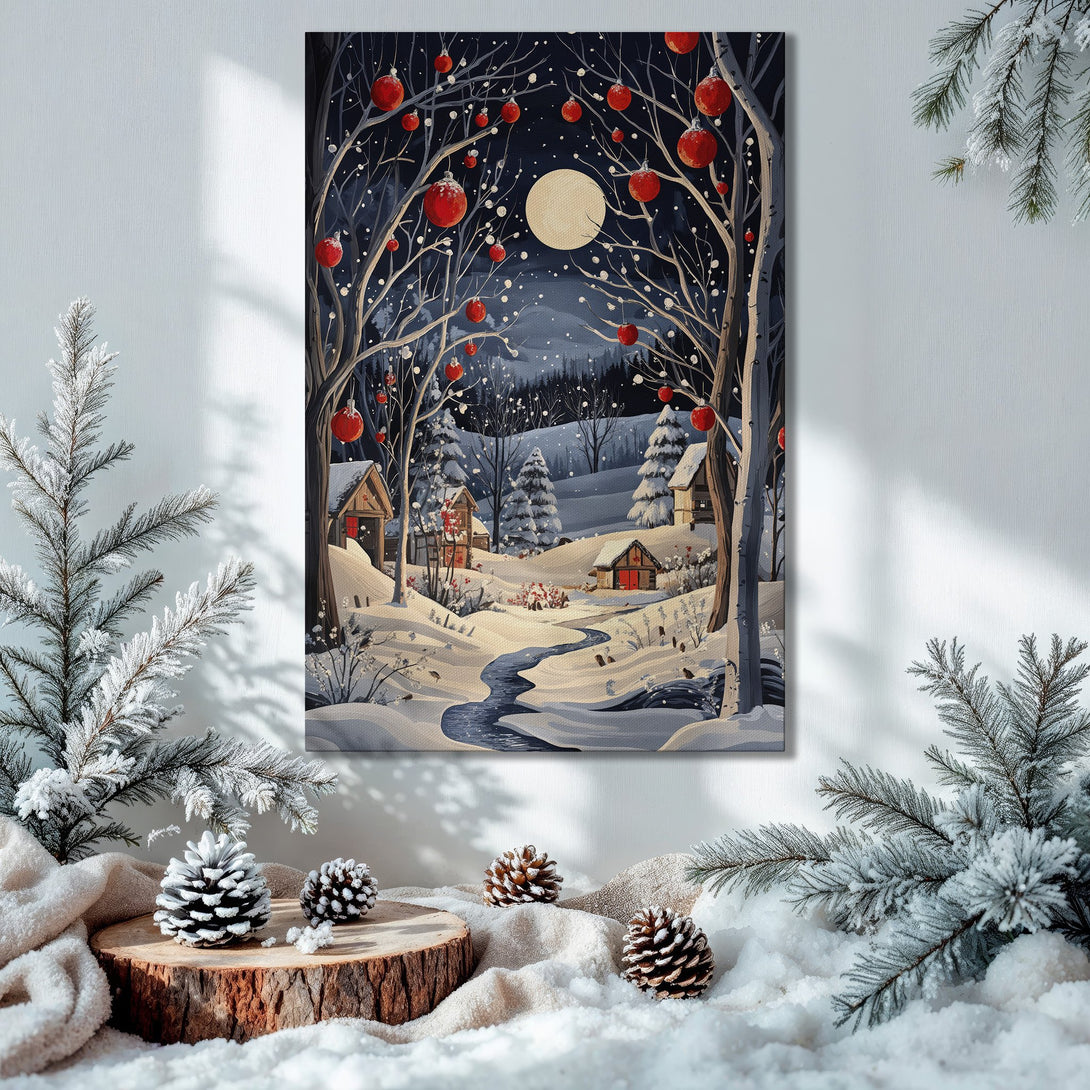 Framed Wall Art: Winter landscape Canvas Print with red ornaments, snowy scene, and a cozy cabin. Cool blue and warm gold tones.