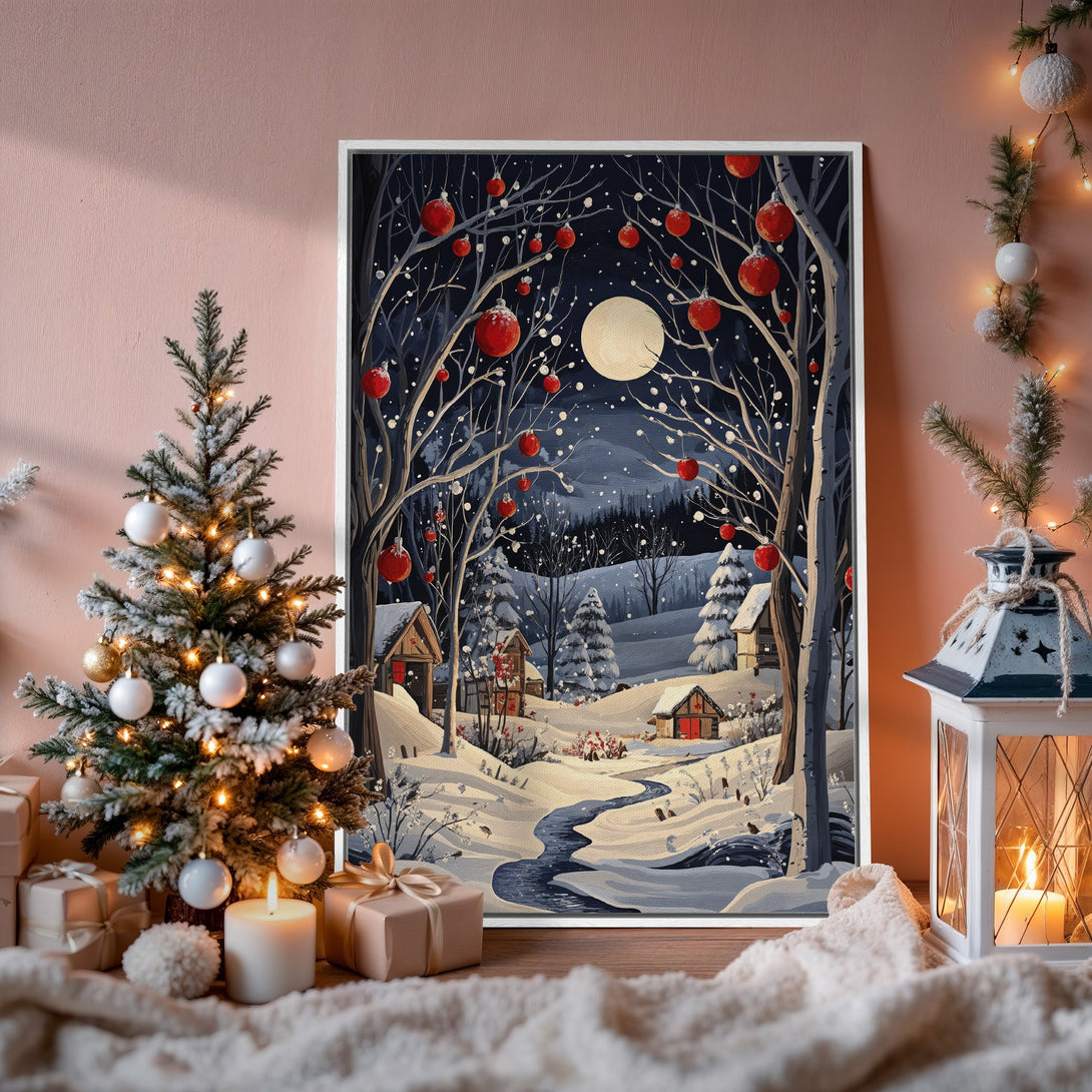 Framed Wall Art: Winter landscape with red accents, a cozy and inviting piece. Features a snowy scene with a blue, white, and red color palette.