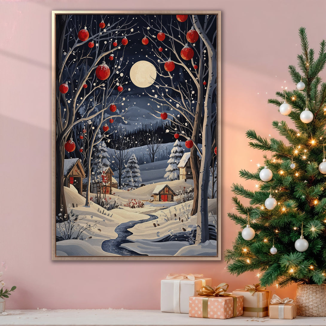 Framed Wall Art: Winter landscape Canvas Print with red accents, snowy scene, and a cozy cabin. Perfect for Christmas decor, featuring a cool, serene color palette.