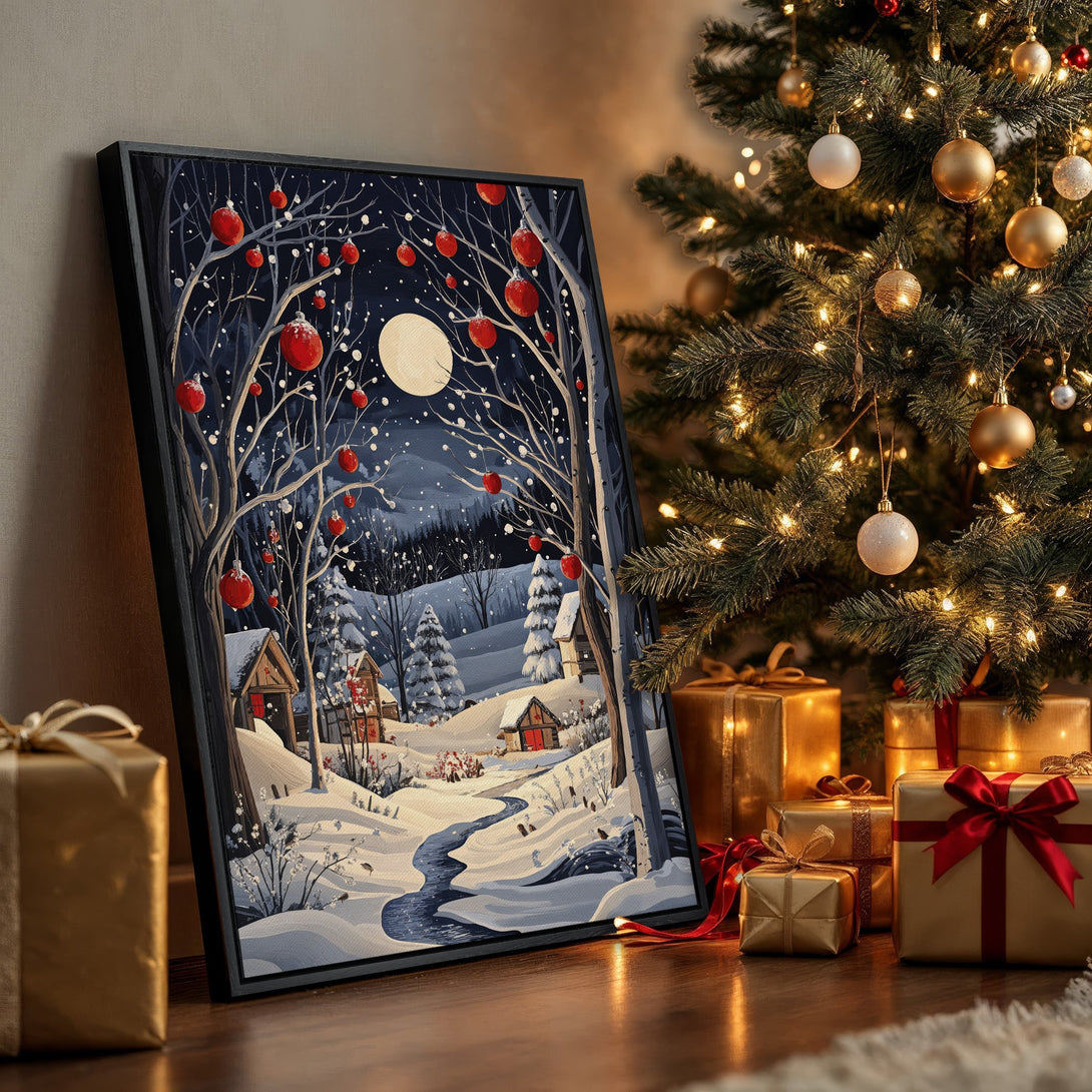 Framed Wall Art: Winter landscape Canvas Print with a snowy scene, red accents, and a dark blue and white color palette. Perfect for holiday decor!