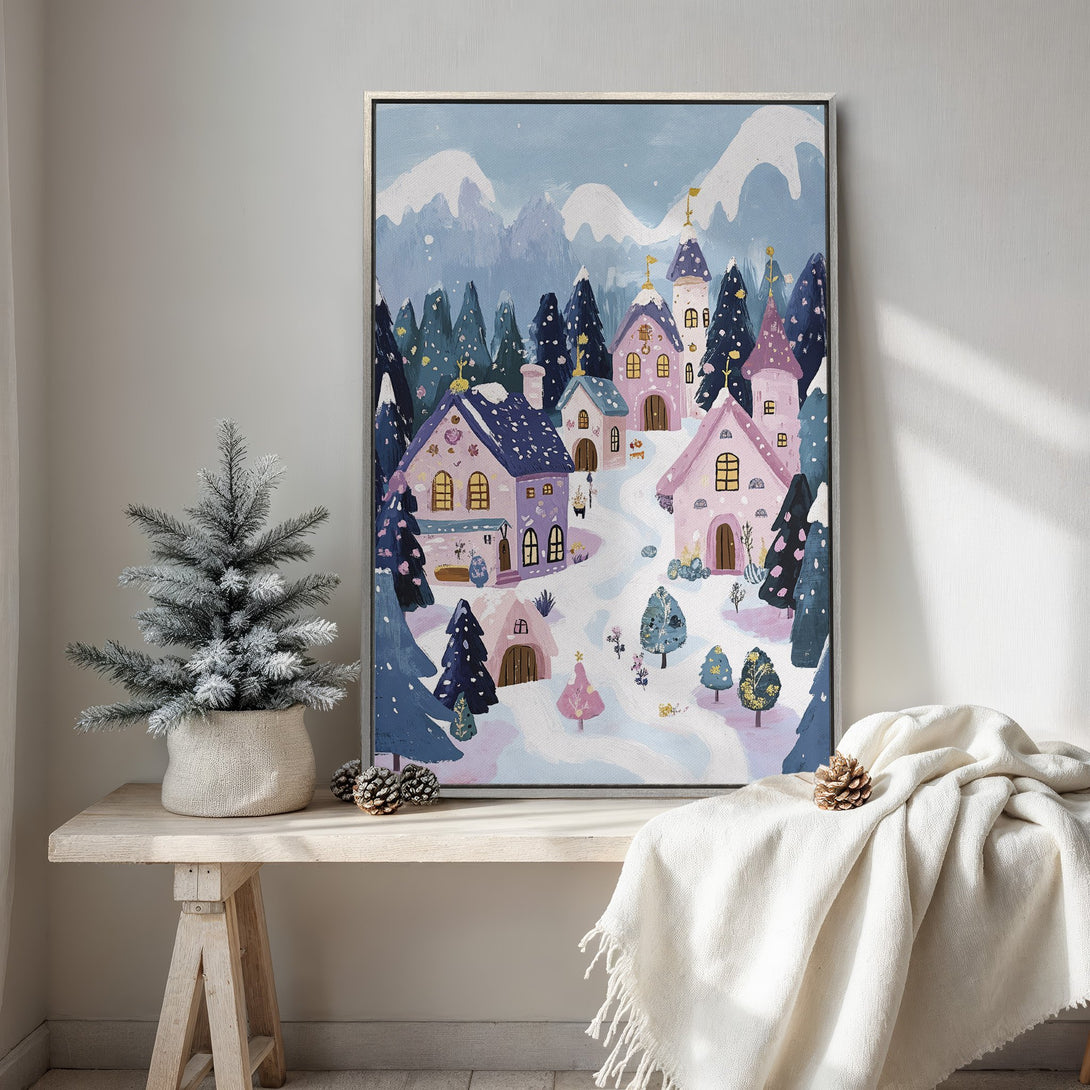 Framed Wall Art: Whimsical winter village scene in pastel blues and pinks. Perfect for adding a touch of cozy charm to your home decor. Shop now!