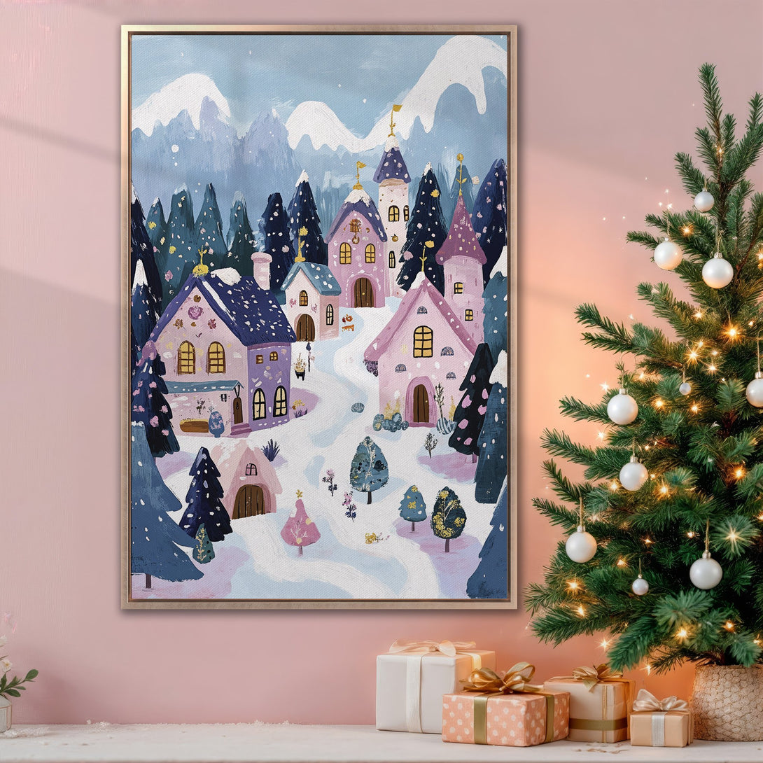 Framed Wall Art: Whimsical winter village scene in blue, pink, and purple hues. Perfect for cozy holiday decor. Add a touch of magic to your home!