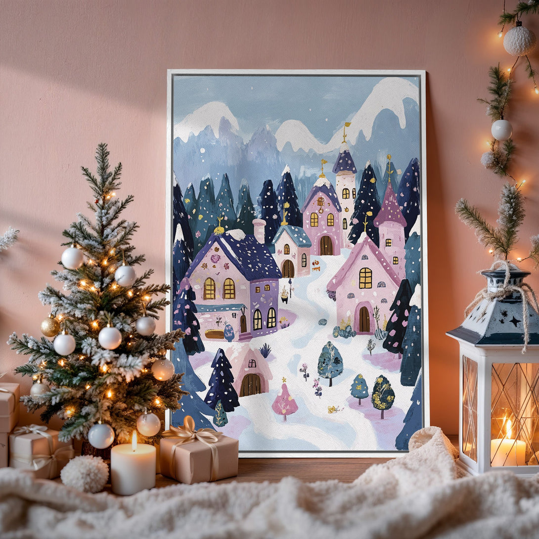 Framed Wall Art: Whimsical winter village scene Canvas Print in pastel pinks, blues & purples. Perfect for holiday decor!