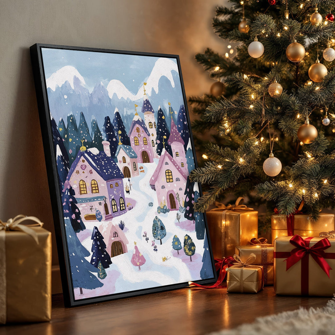 Framed Wall Art: Whimsical winter village Canvas Print in pastel pinks, blues, and purples. Perfect holiday decor!