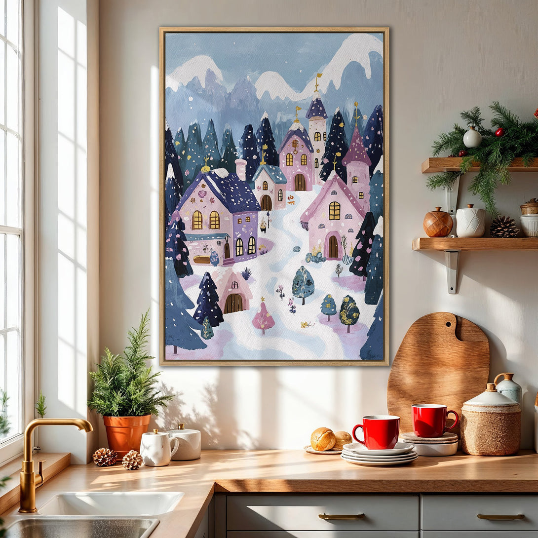Framed Wall Art featuring a whimsical winter village scene in a pastel blue and pink palette. Perfect for adding a touch of cozy charm to your kitchen!