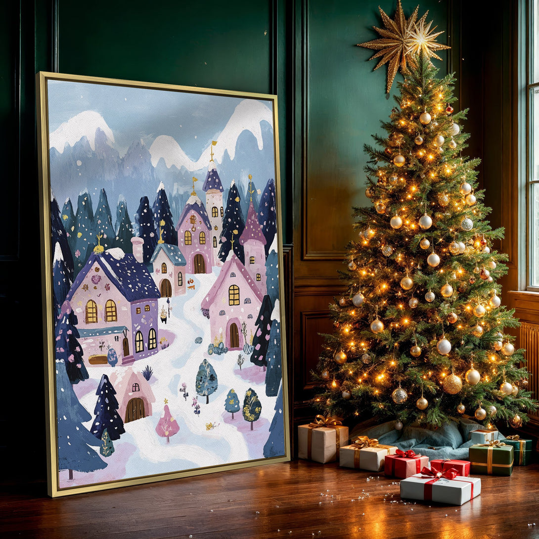 Canvas Print of whimsical winter village art. Pastel pink, blue, and purple color palette. Perfect for holiday decor.
