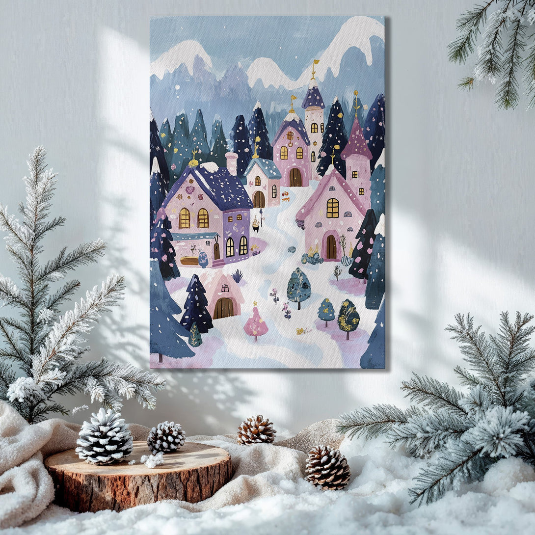 Framed Wall Art: Whimsical winter village scene in pastel hues. Perfect Christmas decor, adding a touch of cozy charm to any space.