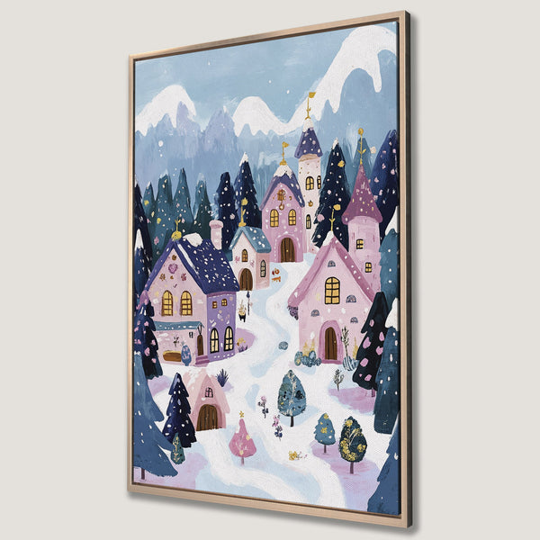 Framed Wall Art featuring a whimsical winter village scene in a dreamy, illustrative style with a soft blue, pink, and purple color palette. Perfect for cozy decor.