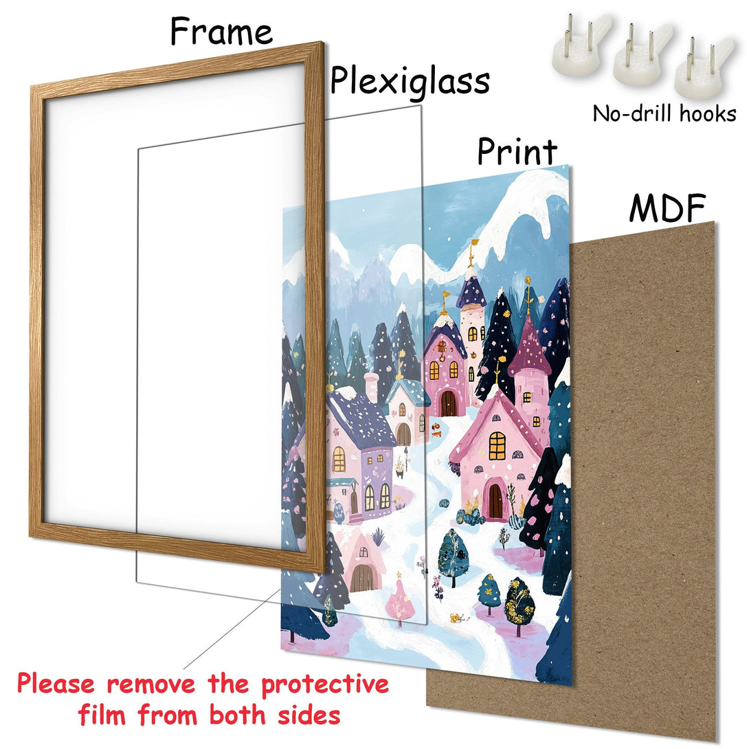 Framed Poster featuring a whimsical winter village illustration in pastel pinks, blues, and purples. Perfect wall art!