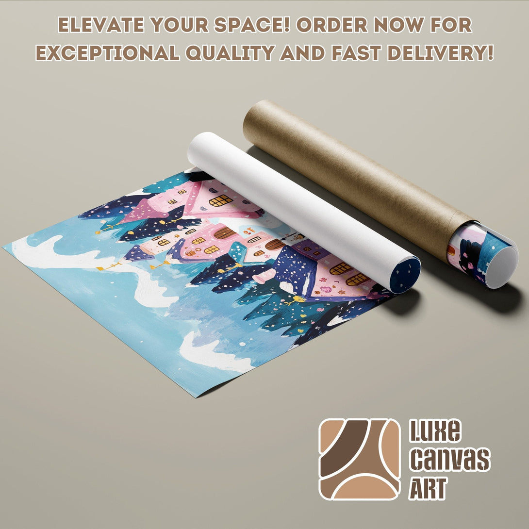 Poster Roll of whimsical houses art, blue, pink, and navy color palette. Elevate your space!