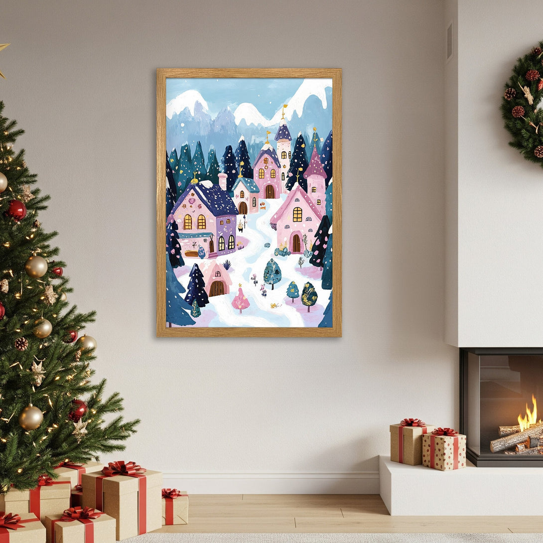 Framed Poster of whimsical winter village art in pastel blue, pink, and purple tones, perfect for holiday decor.