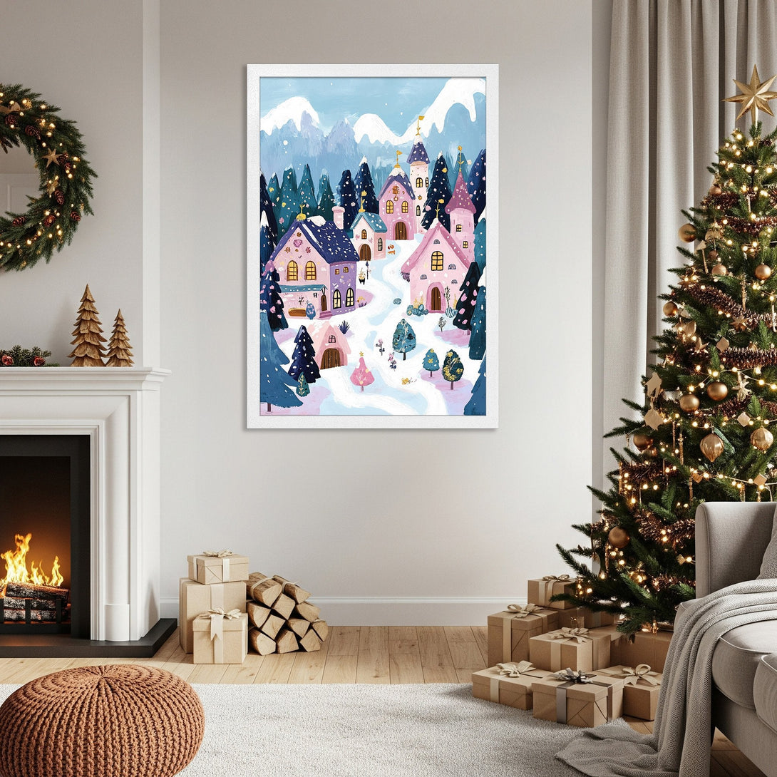 Framed Poster featuring a whimsical winter village scene in a soft, pastel color palette. Perfect holiday decor!