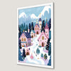 Winter Village Mountain Scene Art Poster for Holiday Decor