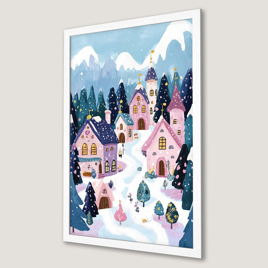 Framed Poster featuring a whimsical winter village scene in a dreamy, painterly style with a pink and blue color palette.