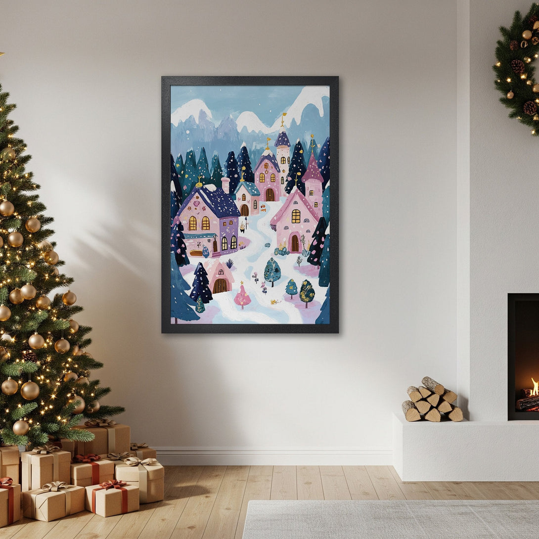 Framed Poster of whimsical winter village art, pastel pinks & blues. Perfect Christmas decor!