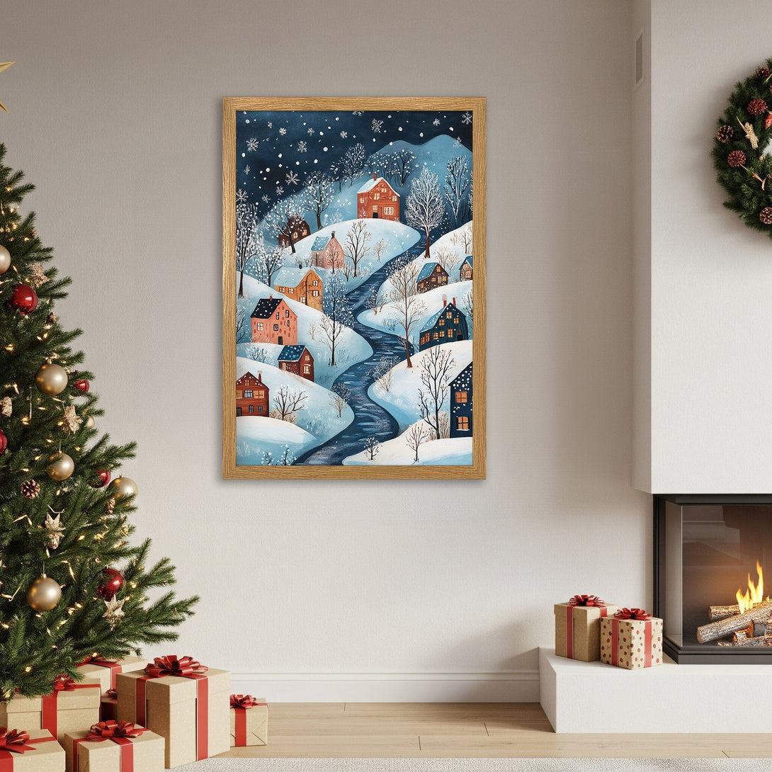 Framed Poster of a winter village scene in a whimsical style, featuring a blue and orange color palette. Perfect for holiday decor!