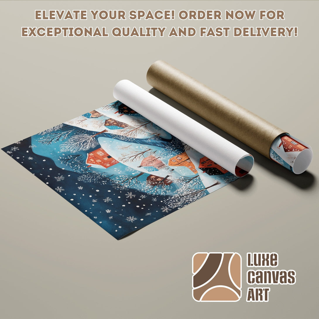 Winter scene Poster Roll in blue and orange, perfect for home decor.