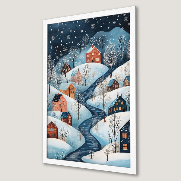 Framed Poster of a winter village landscape in a whimsical style with a blue and white color palette. Perfect wall art for cozy decor!