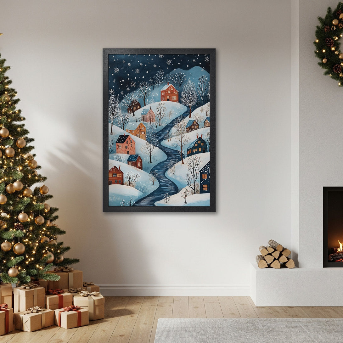 Framed Poster of a winter village scene in a whimsical style with a blue and warm color palette, perfect for holiday decor.