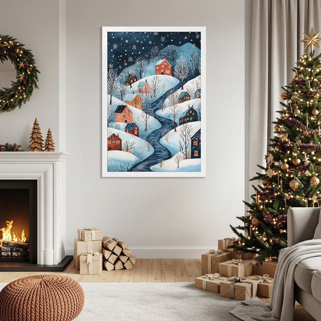 Framed Poster featuring a winter village scene in a watercolor style with a blue and warm color palette. Perfect holiday decor!