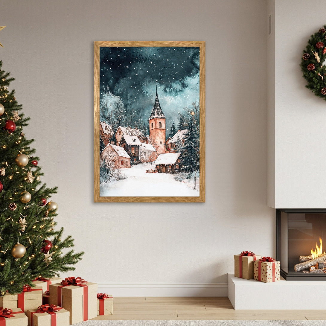 Framed Poster featuring a watercolor winter village scene. Serene, snowy landscape with a cool blue and brown color palette. Perfect holiday decor!