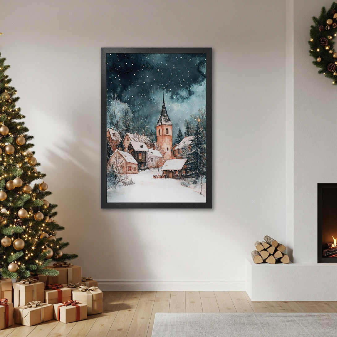 Framed Poster of a winter village scene, watercolor style, with a cool blue and warm brown palette. Perfect Christmas decor!