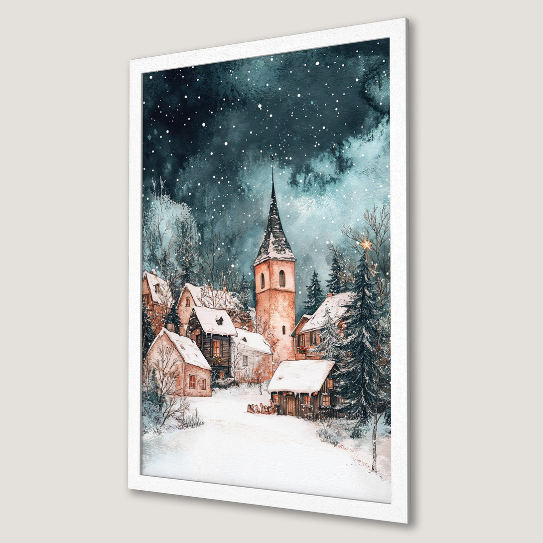 Framed Poster of a winter village scene, watercolor style, featuring a snowy landscape with a teal and warm brown color palette.