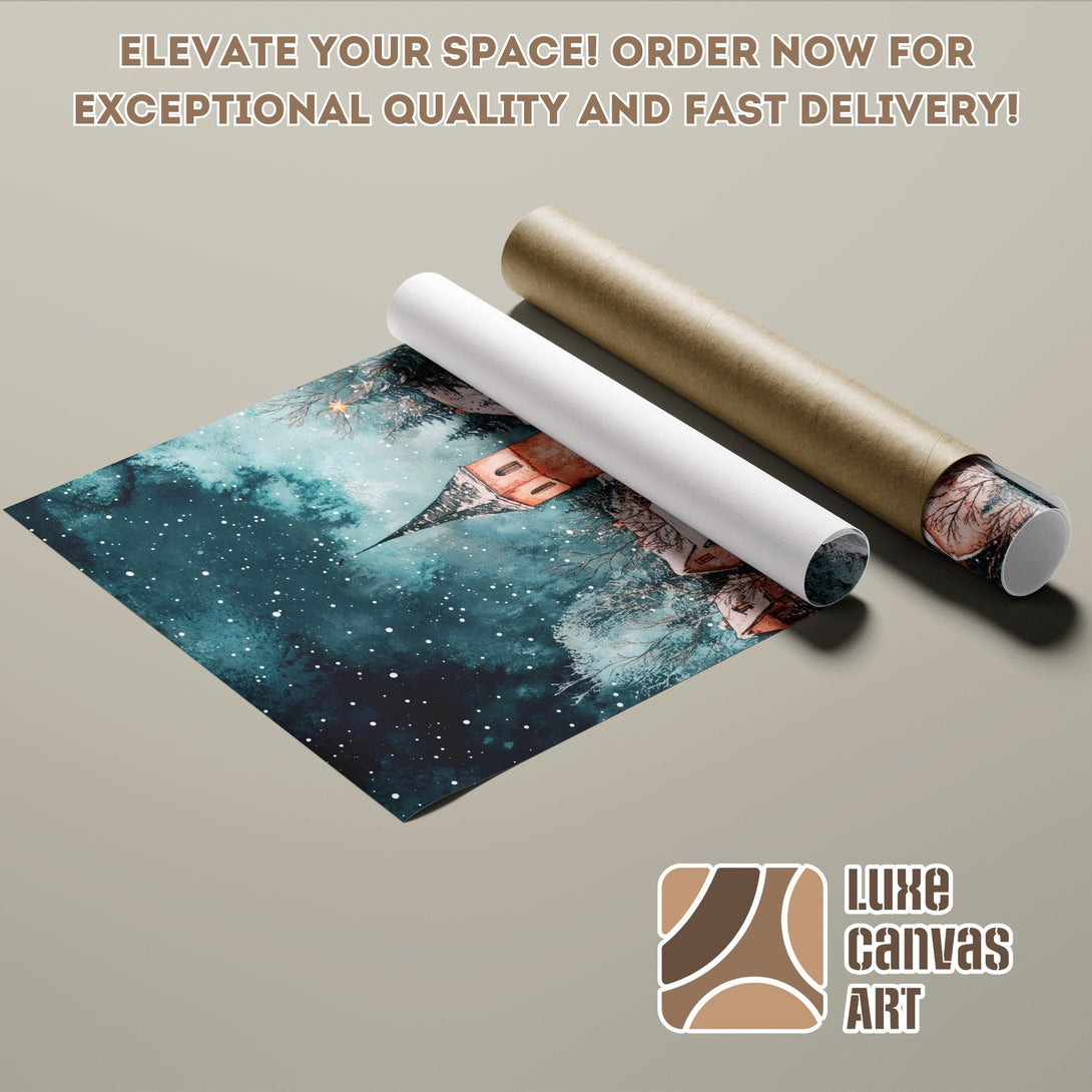 Poster Roll featuring a winter scene, teal and brown tones, perfect wall art.