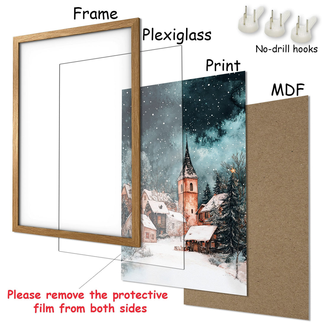 Framed Poster of a winter village scene in watercolor style. Features a cool blue and warm brown color palette. Perfect wall art!