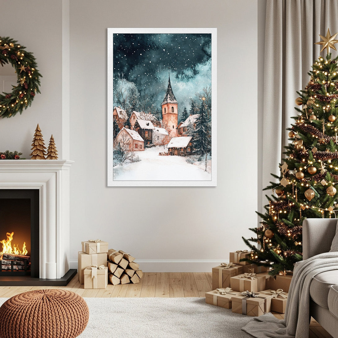 Framed Poster of a winter village scene in watercolor style, featuring a snowy landscape with a blue and beige color palette. Perfect holiday decor.