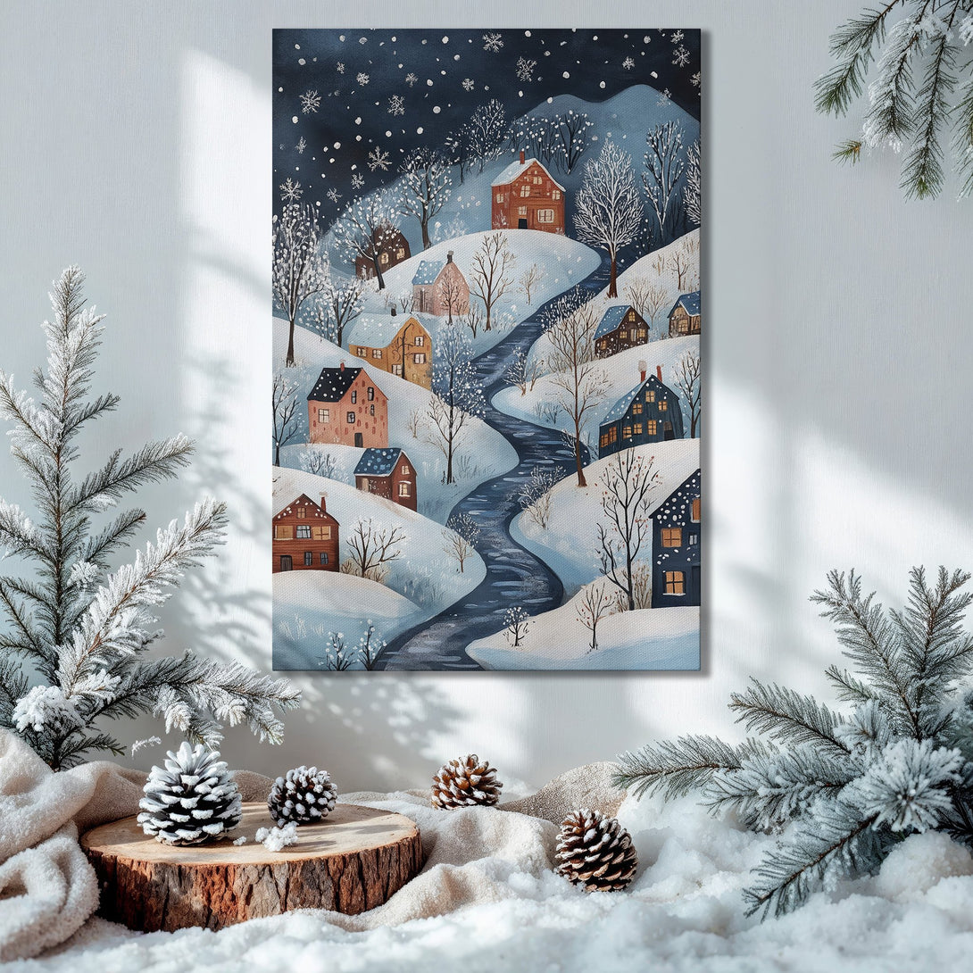 Framed Wall Art: Winter village scene in blue and brown tones. Cozy art for your home. Perfect holiday decor.